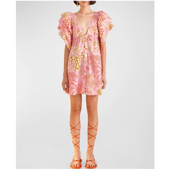 Anthropologie Farm Rio Mixed Lobsters Pink Ruffle Sleeve Mini Dress S - Picture 2 of 14